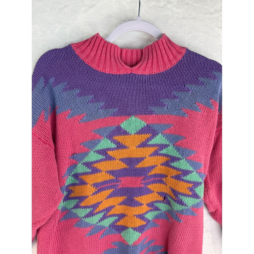 Vintage 1989 I.B. Diffusion Pink Geometric Intarsia Ramie Cotton Sweater Medium - Picture 5 of 10
